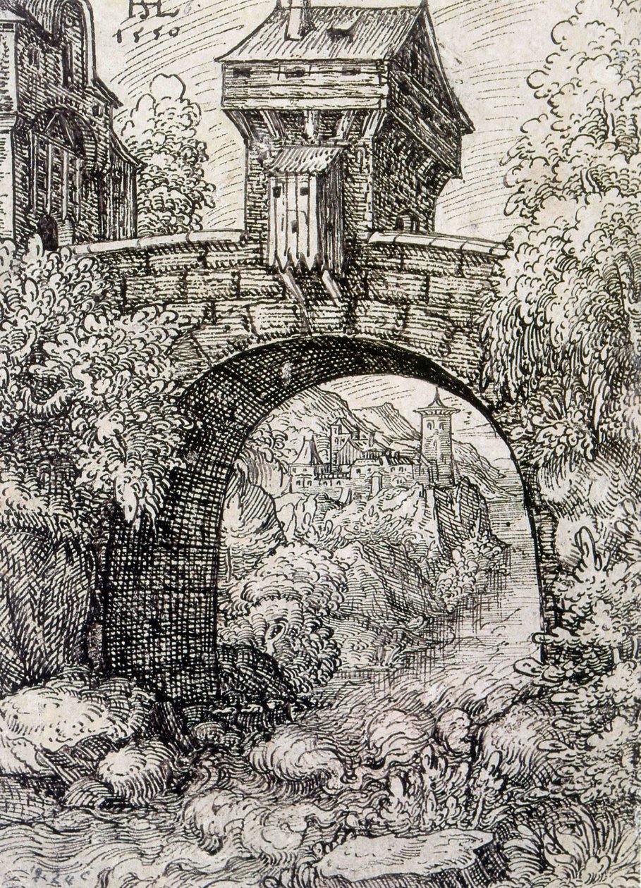 Landsbygd med broport og vann, ca. 1550 (etsing) av Hanns Sebald Lautensack