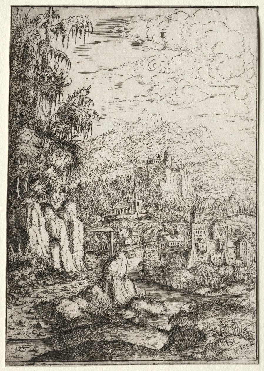 Landskap med en vei til et slott på en øy i en elv, 1554. av Hanns Sebald Lautensack