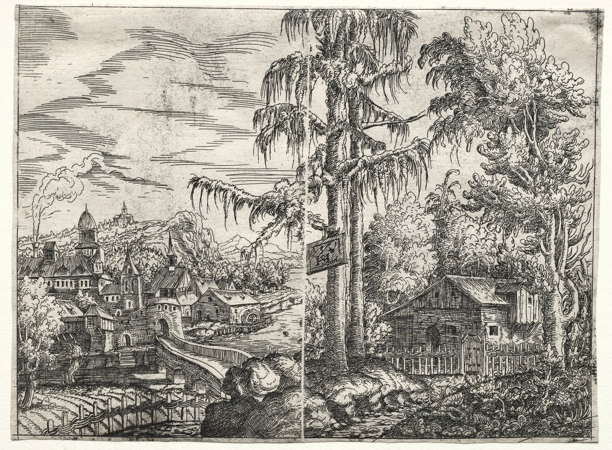 Landskap med byen ved en elv og hytten mellom trærne, 1551. av Hanns Sebald Lautensack