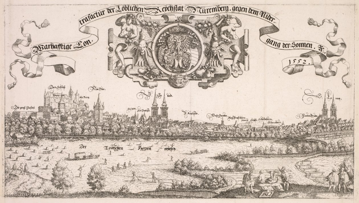 Panoramautsikt over Nürnberg: Sentrumsdel, 1552. av Hanns Sebald Lautensack