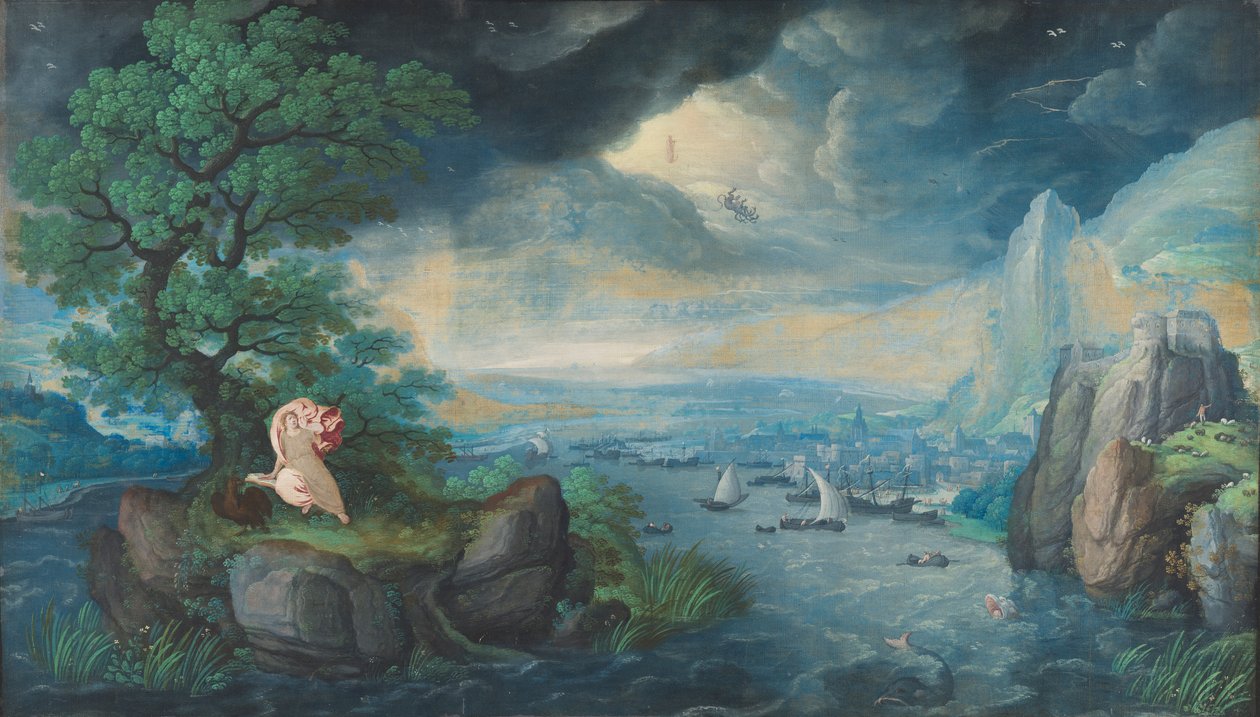 Fantasy landskap med Johannes evangelisten på Patmos av Hans Bol
