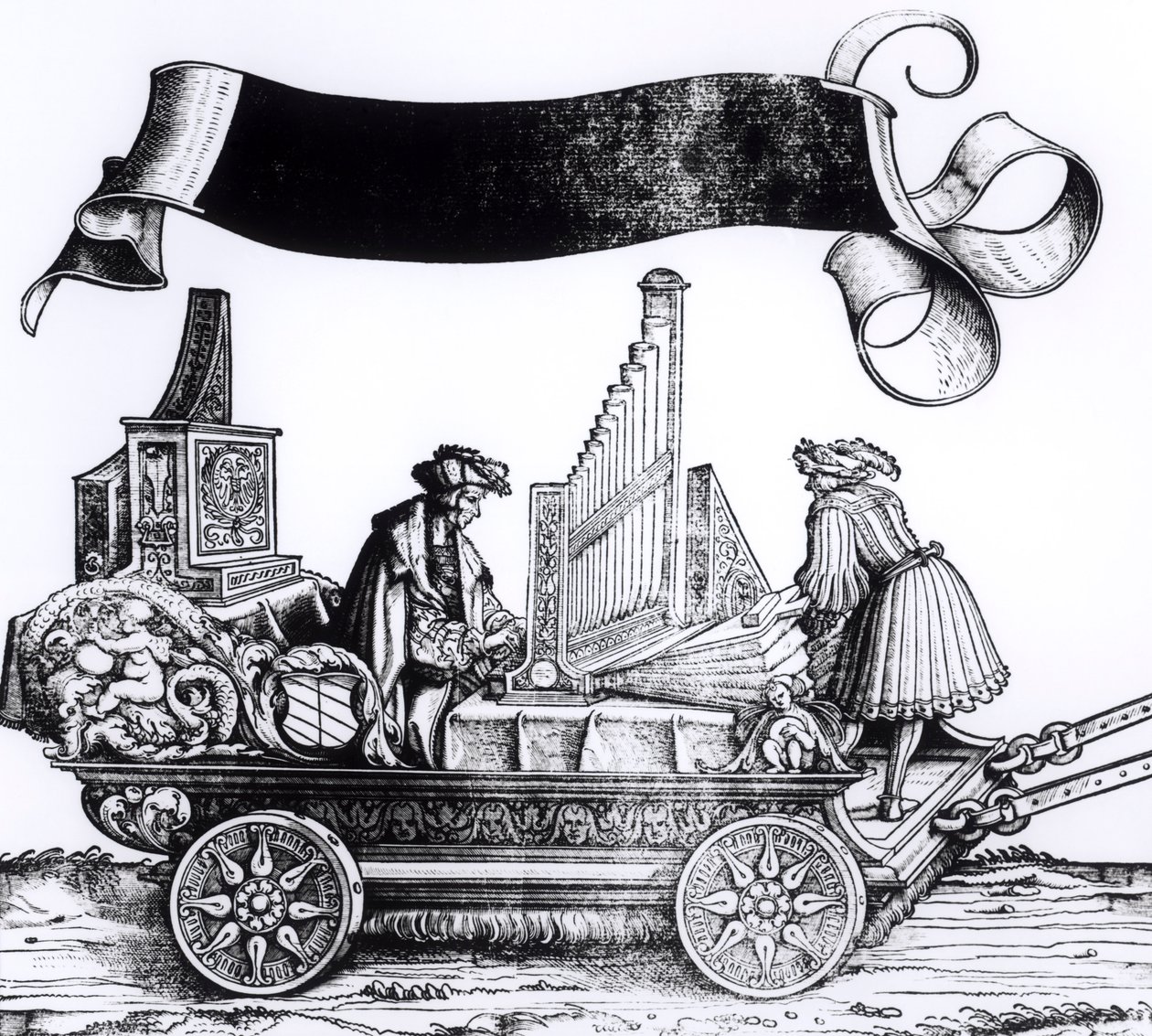 En musikalsk vogn, fra Maximilians triumfprosesjon, ca. 1516-18 av Hans Burgkmair
