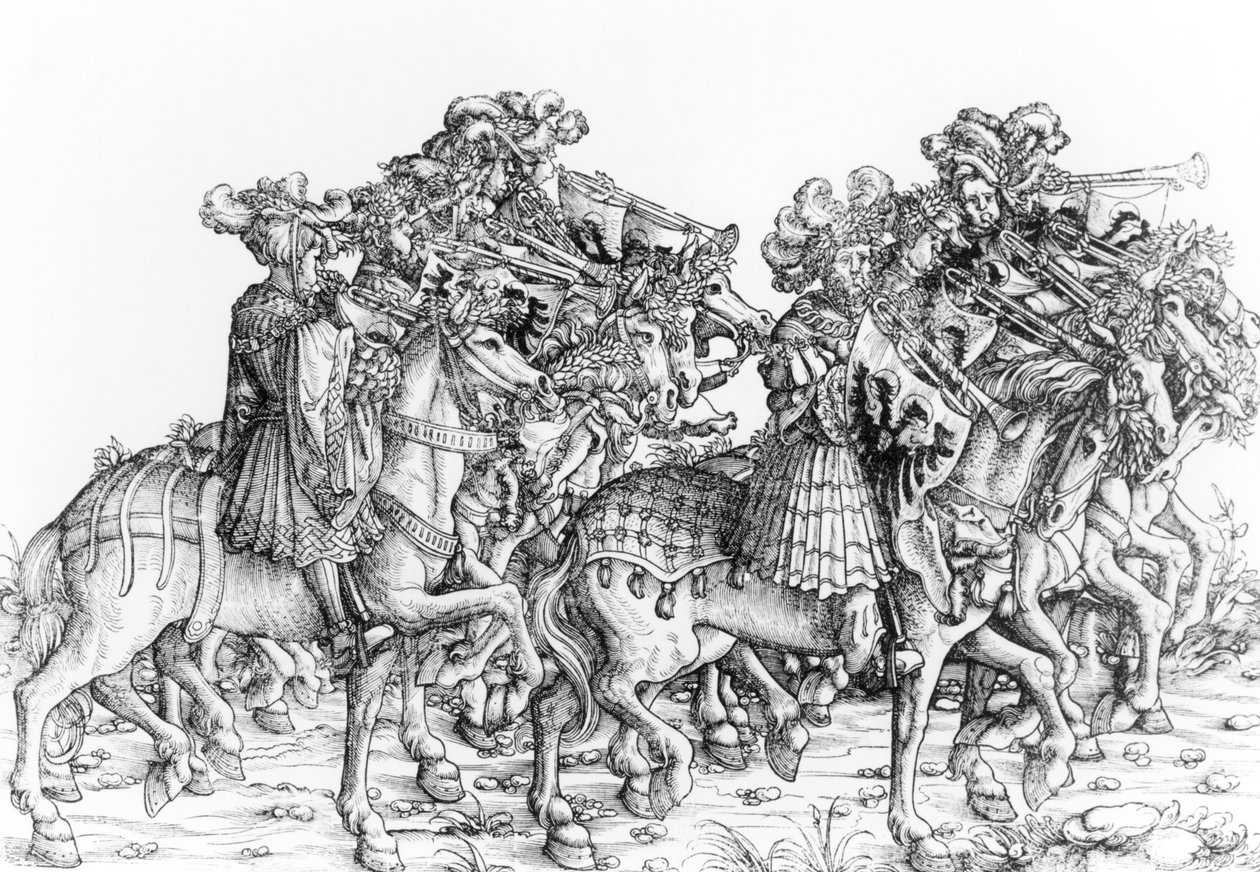 En gruppe monterte trompetister, fra 