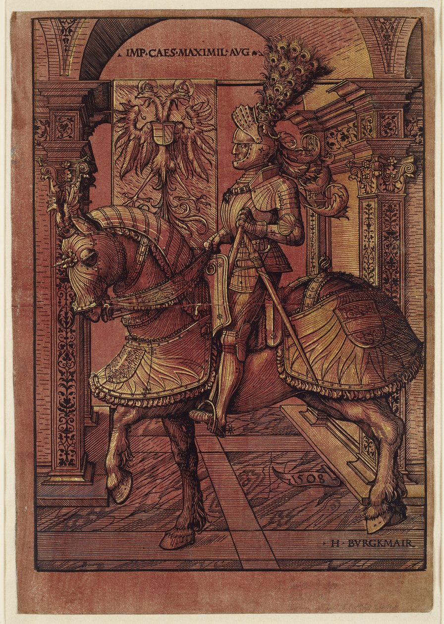 Keiser Maximilian I, bevæpnet til hest, 1508 (chiaroscuro tresnitt) av Hans Burgkmair