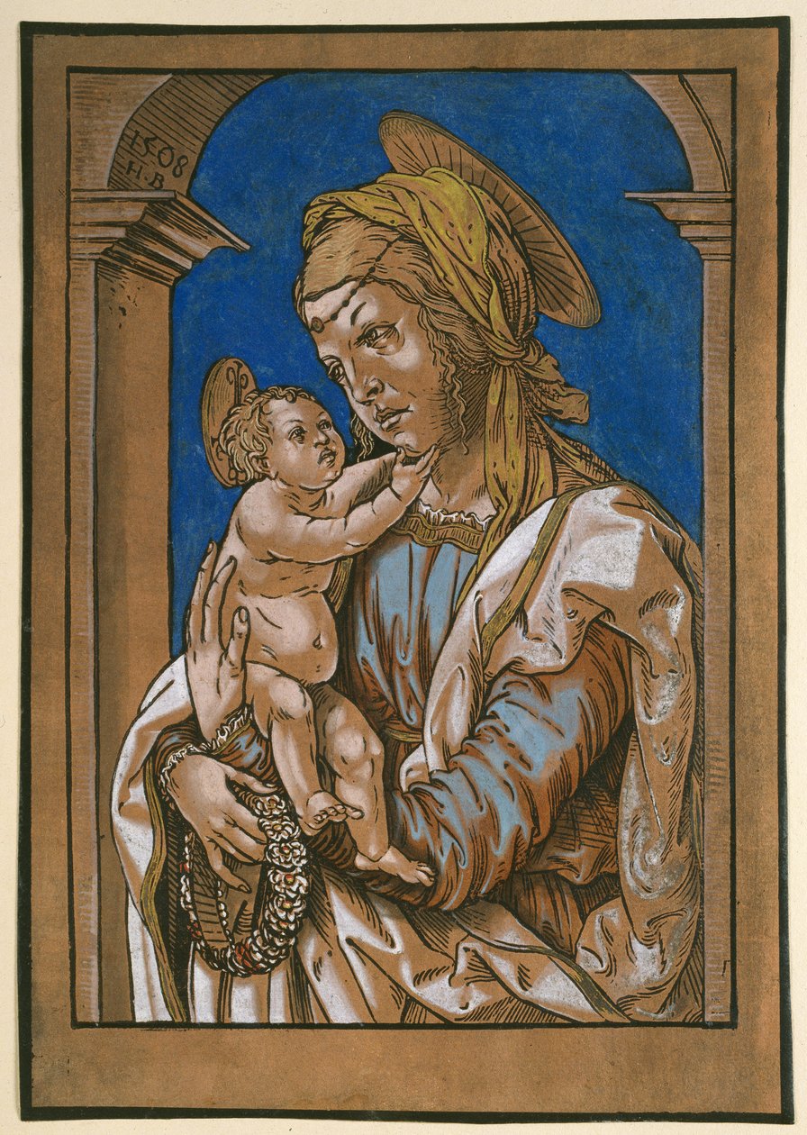 Madonna og barn under en bue, 1508 (tresnitt, overarbeidet med akvarell og kroppsfarge) av Hans Burgkmair