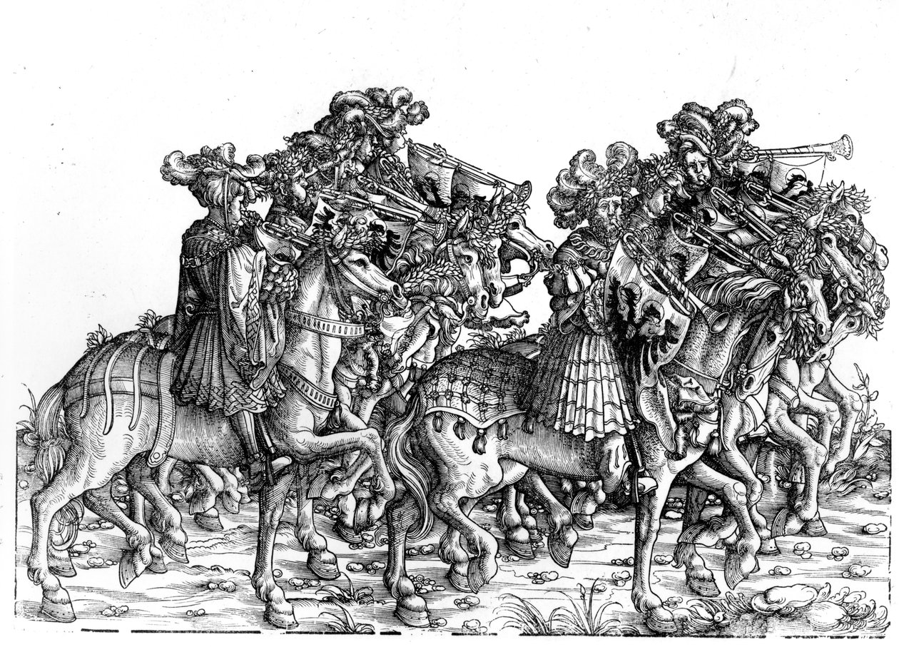 Ti musikere med trompeter, fra triumftoget til keiser Maximilian I, ca. 1517 av Hans Burgkmair