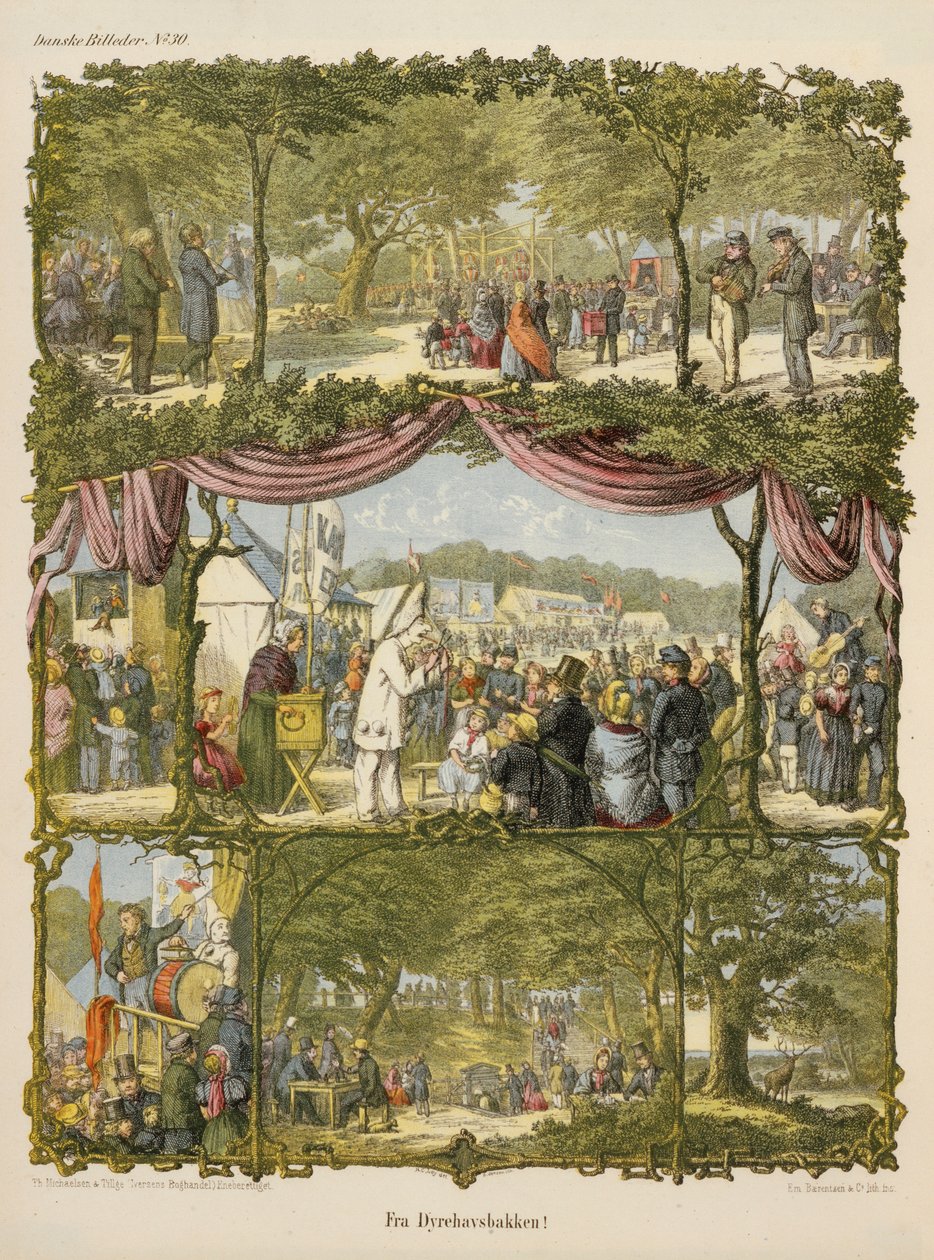 Scene fra en dansk amtsmesse, Fra Dyrehavsbakken, fra et broadsheet utgitt av Michaelsen & Tillage, 1850 av Hans Christian Ley