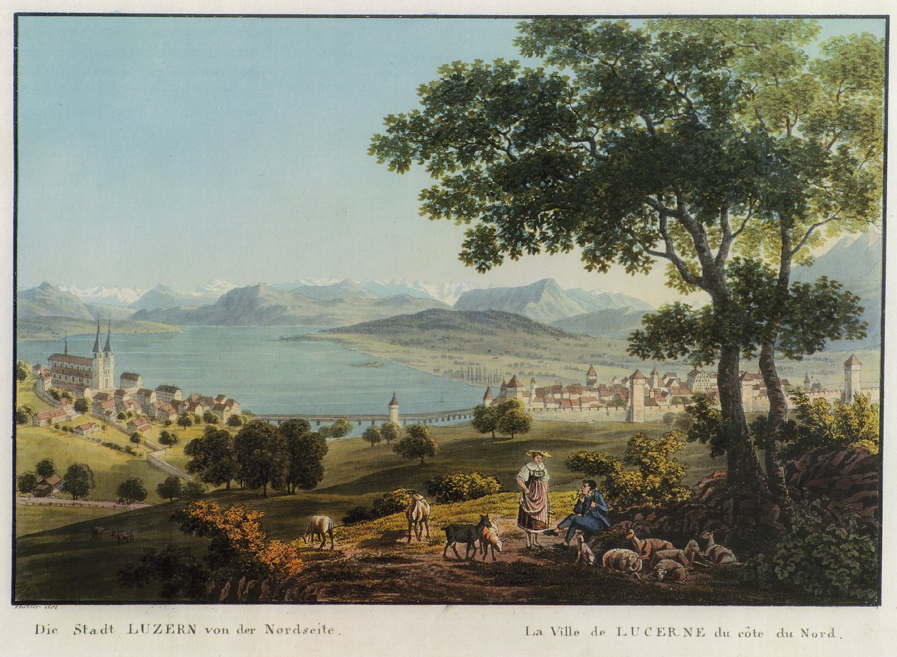 »City of LUCERNE, North View.« Farget etsing av Hans Heinrich Keller vom Steinbock av Hans Heinrich Keller vom Steinbock