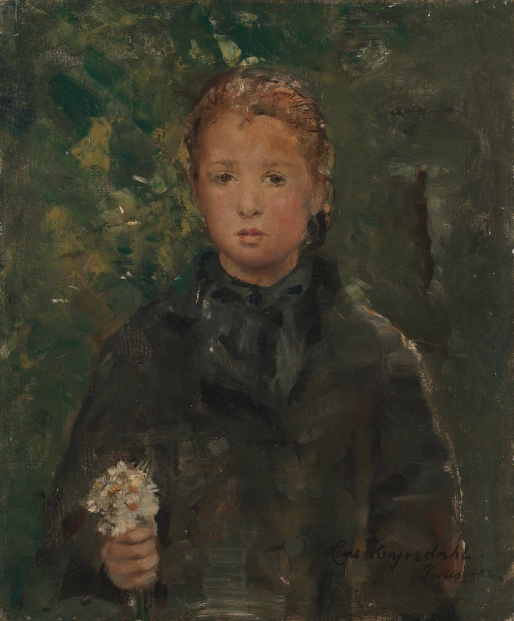Portrett av en jente med en haug med blomster av Hans Olaf Heyerdahl