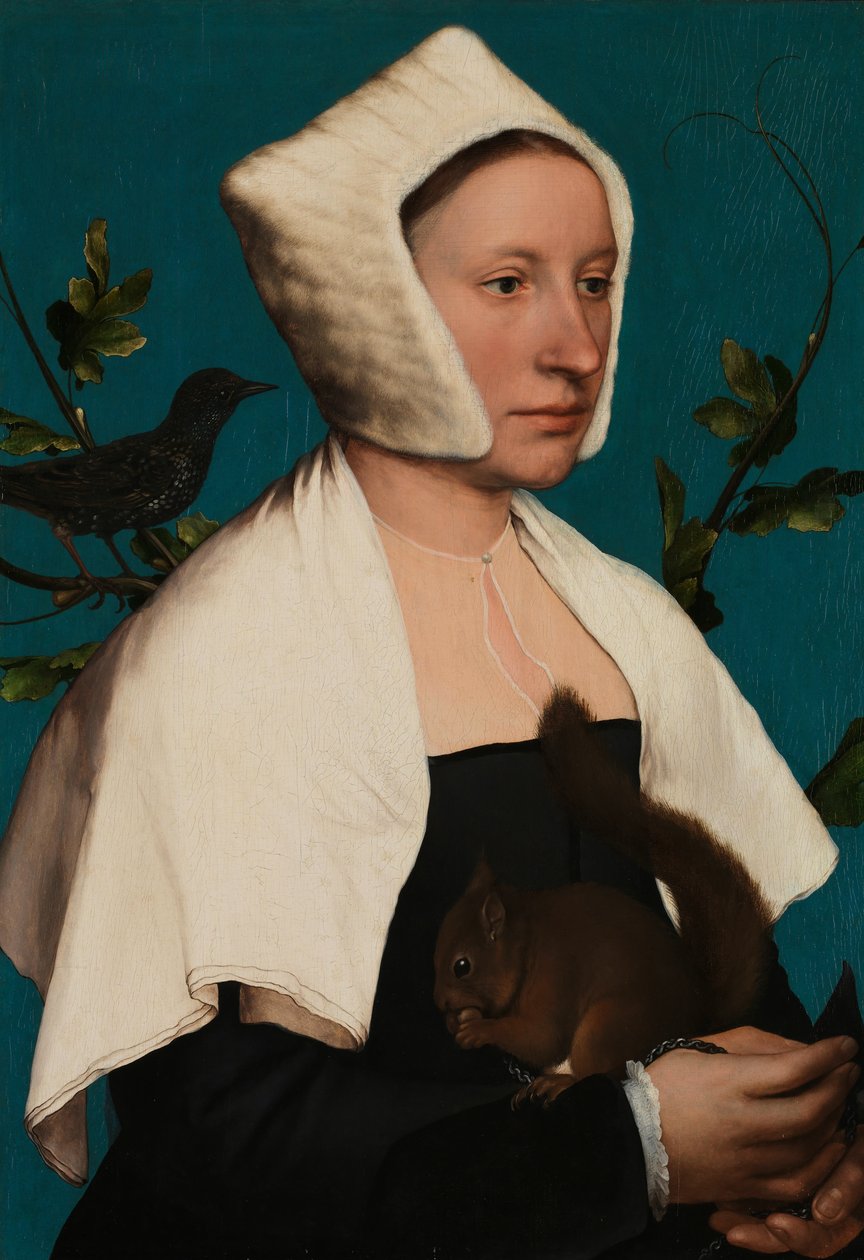 Portrett av en dame med et ekorn og en stære, sannsynligvis Anne Lovell av Hans Holbein