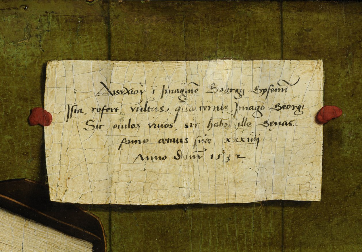 Detalj av portrett av kjøpmann Georg Gisze. Det latinske diktet (med gresk tittel) av Hans Holbein der Jüngere