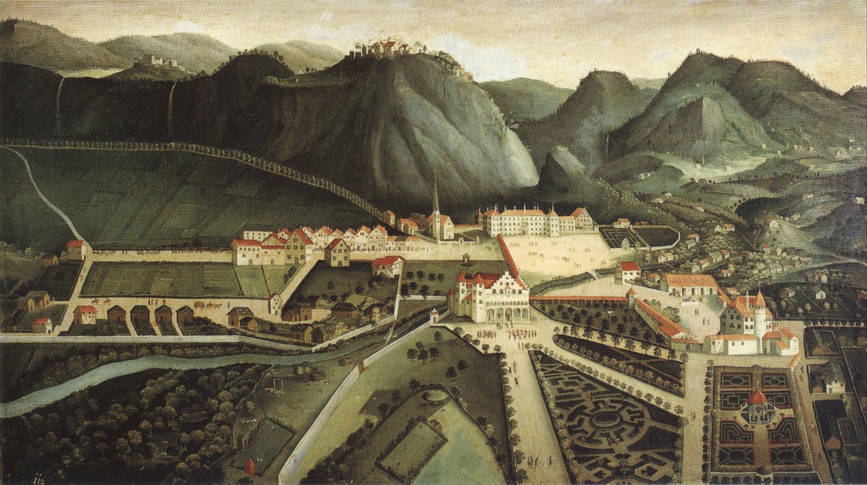 Utsikt over Hohenems med slottet, sommerhuset og hagene av Hans Jakob Noppis