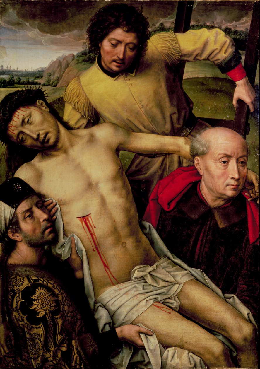 Nedstigning fra korset, venstre panel fra deponeringsdiptyken, ca. 1492-94 av Hans Memling