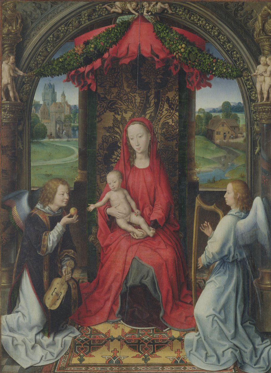 Madonna og barn tronet med to engler, 1490-91 av Hans Memling