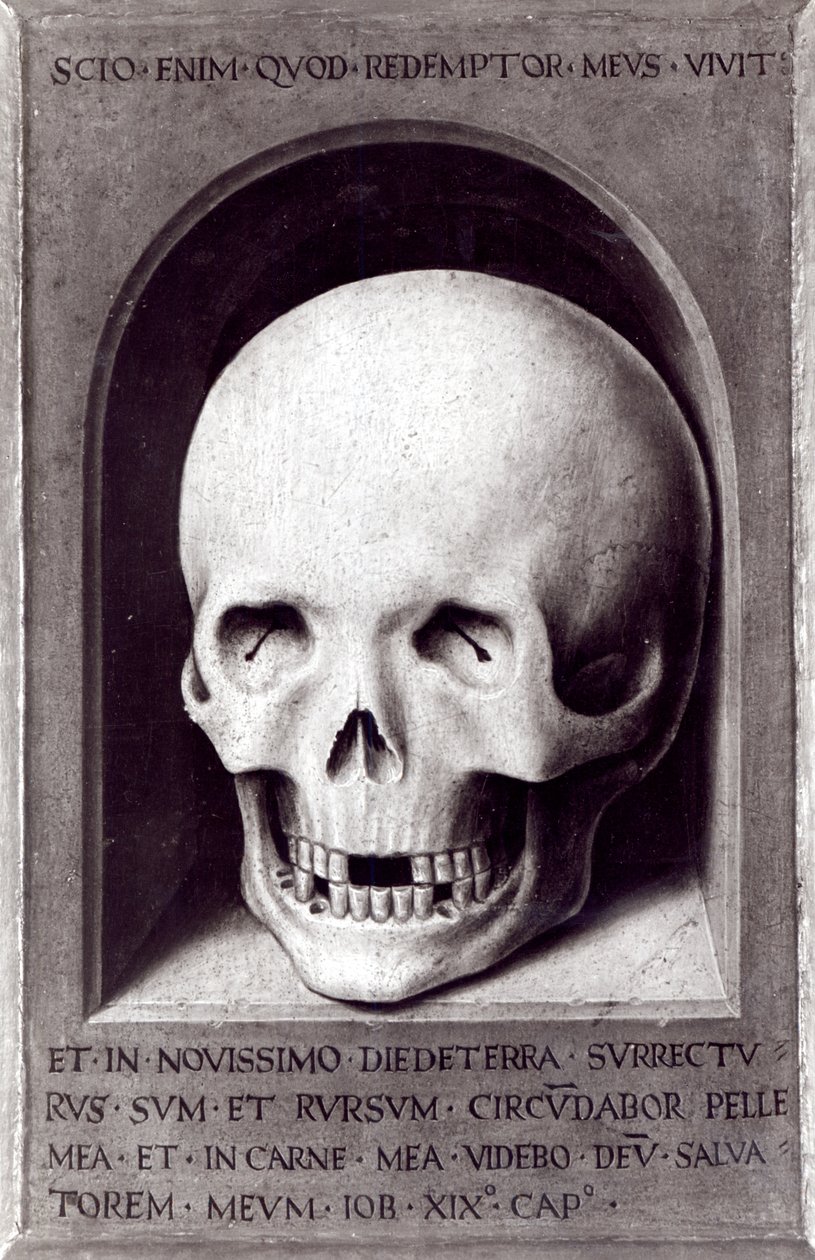 Hodeskalle, høyre panel bakside fra Triptych of Earthly Vanity and Divine Salvation, ca. 1485 av Hans Memling