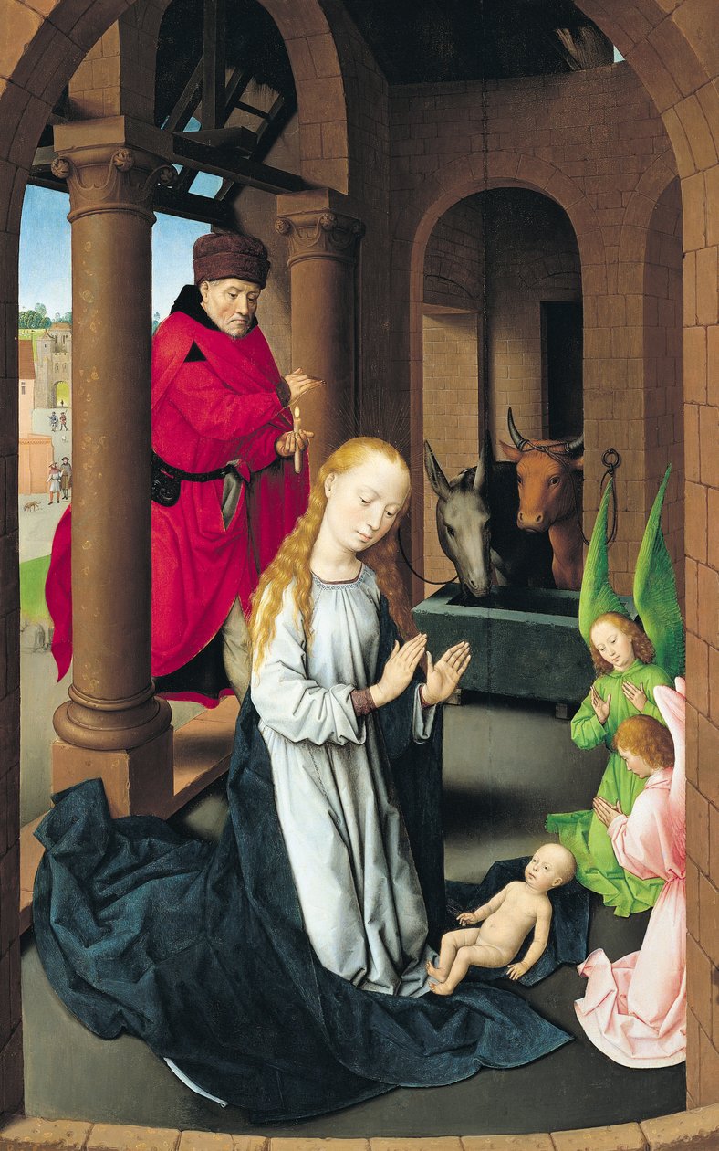 Fødselen, venstre fløy av en triptyk av tilbedelsen av magiene, ca. 1470-72 av Hans Memling