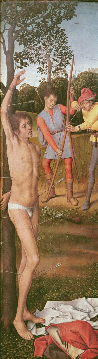 Triptych of the Resurrection, venstre panel: The Martyrdom of Saint Sebastian, ca. 1485-90 (olje på eik) av Hans Memling