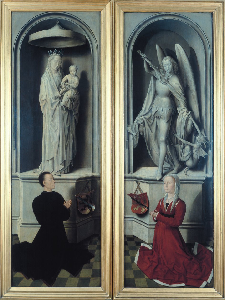 Utsikt over The Last Judgment med panelene lukket, som viser giverne, Angelo di Jacopo Tani og hans kone, Caterina de Tanagli, under Madonna and Child og St. Michael, 1473 (se av Hans Memling