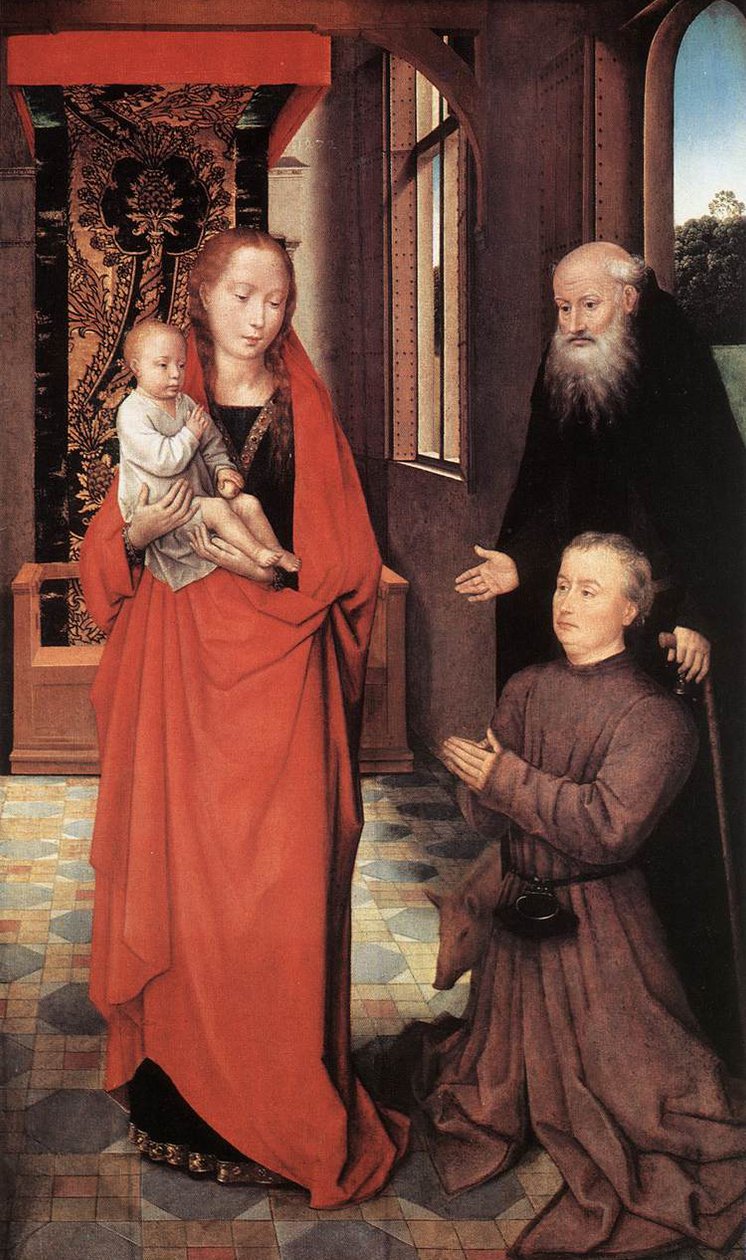 Jomfru og barn med St Anthony abbed og en donor av Hans Memling