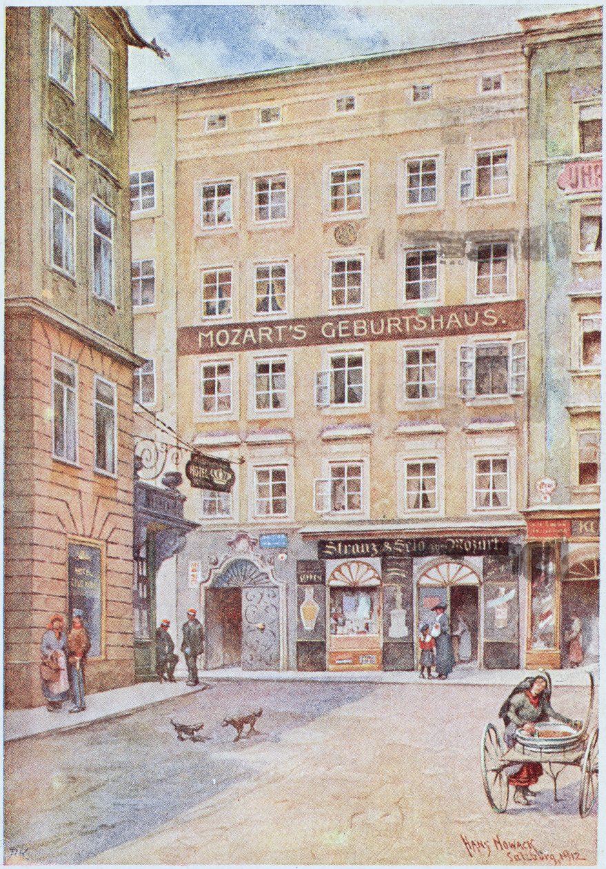 Postkort som viser huset i Salzburg der Wolfgang Amadeus Mozart (1756-91) ble født, 1912 av Hans Nowack
