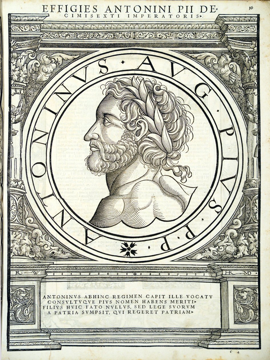 Antoninus Pius, illustrasjon fra de romerske keiserne i hele øst og vest, med de mest autentiske bildene av de gamle myntene, tresnitt av Rudolph Wyssenbach, trykt av Andreas Gesner, Zürich av Hans Rudolf Manuel Deutsch