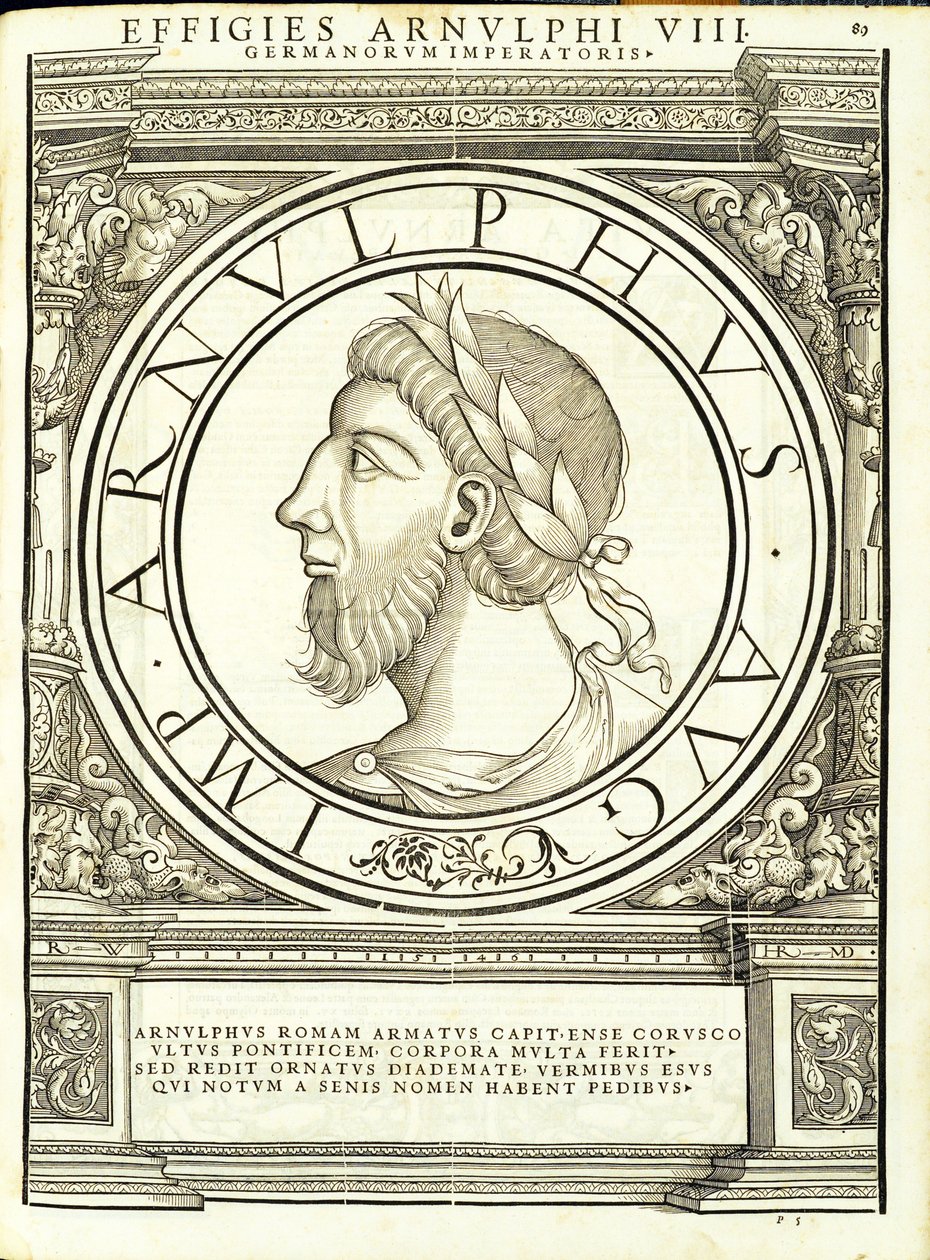 Arnulphus, illustrasjon fra de romerske keiserne i hele øst og vest, med de mest autentiske bildene av de gamle myntene, tresnitt av Rudolph Wyssenbach, trykt av Andreas Gesner, Zürich, 155 av Hans Rudolf Manuel Deutsch