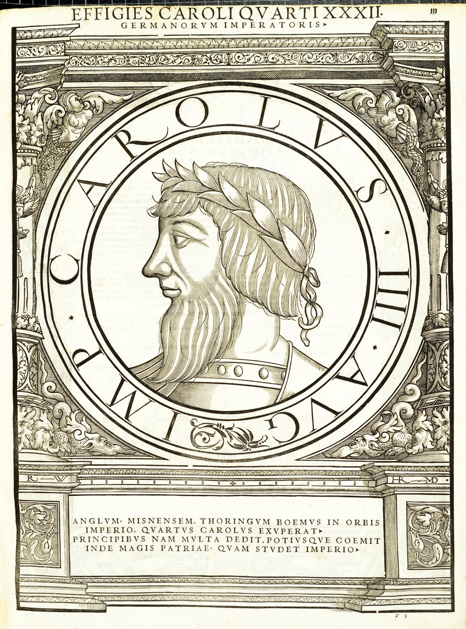 Charles III, illustrasjon fra de mest autentiske bildene av de gamle romerske keiserne i Vestindia, tresnitt av Rudolph Wyssenbach, trykt av Andreas Gesner, Zürich, av Hans Rudolf Manuel Deutsch
