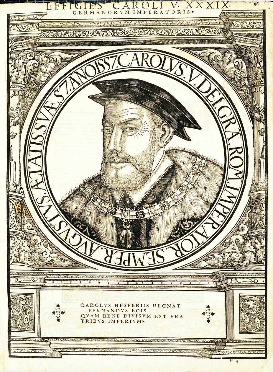 Charles V, illustrasjon fra 'The Roman Emperors of all East and West', tresnitt av Rudolph Wyssenbach, trykt av Andreas Gesner, Zürich, 1 av Hans Rudolf Manuel Deutsch