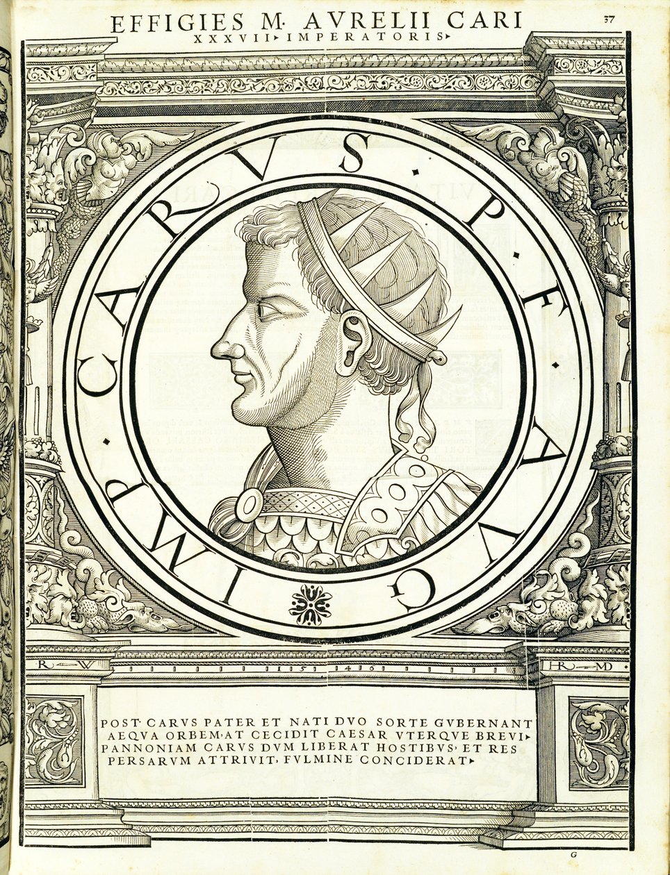 Carus, illustrasjon fra de romerske keiserne i hele øst og vest, med de mest autentiske bildene av de gamle myntene, tresnitt av Rudolph Wyssenbach, trykt av Andreas Gesner, Zürich, 1559 wo av Hans Rudolf Manuel Deutsch