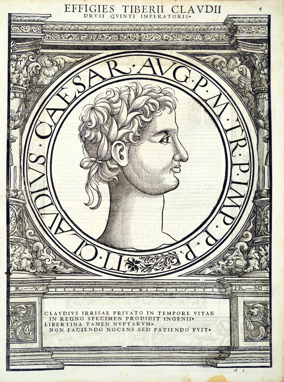Claudius Caesar, illustrasjon fra de mest autentiske bildene av de gamle romerske keiserne i øst og vest, tresnitt av Rudolph Wyssenbach, trykt av Andreas Gesner, Zuric av Hans Rudolf Manuel Deutsch
