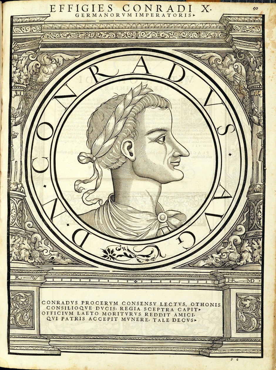 Conrad I, illustrasjon fra de romerske keiserne i hele øst og vest, de mest autentiske bildene av gamle mynter, tresnitt av Rudolph Wyssenbach, trykt av Andreas Gesner, Zürich, 15 av Hans Rudolf Manuel Deutsch
