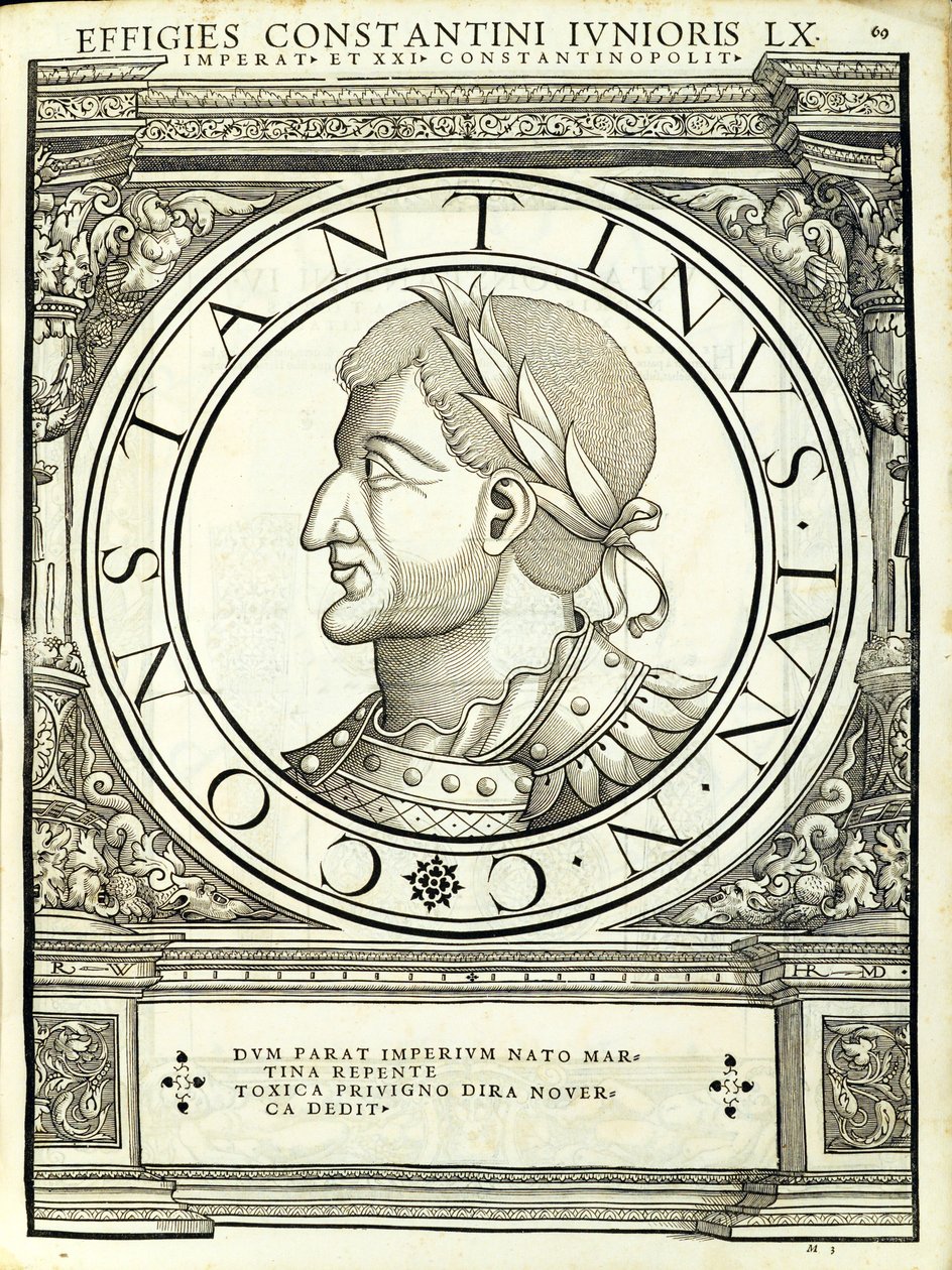 Constantinus-roman, illustrasjon fra 'De romerske keisere over hele øst og vest', tresnitt av Rudolph Wyssenbach, trykt av Andreas Gesner, av Hans Rudolf Manuel Deutsch