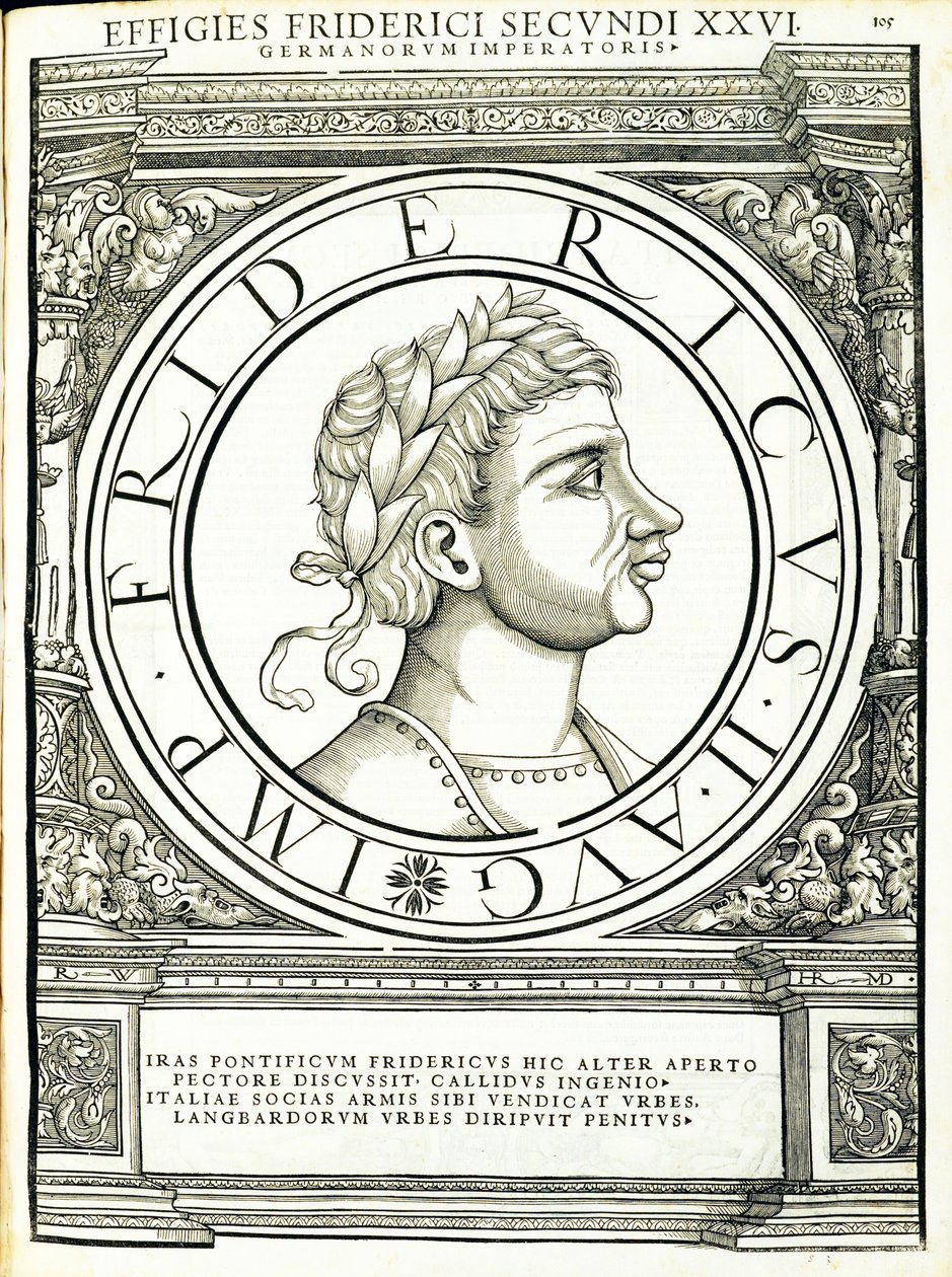 Fredericus II, illustrasjon fra de romerske keiserne i hele øst og vest, med de mest autentiske bildene av de gamle myntene, tresnitt av Rudolph Wyssenbach, trykt av Andreas Gesner, Zürich, av Hans Rudolf Manuel Deutsch