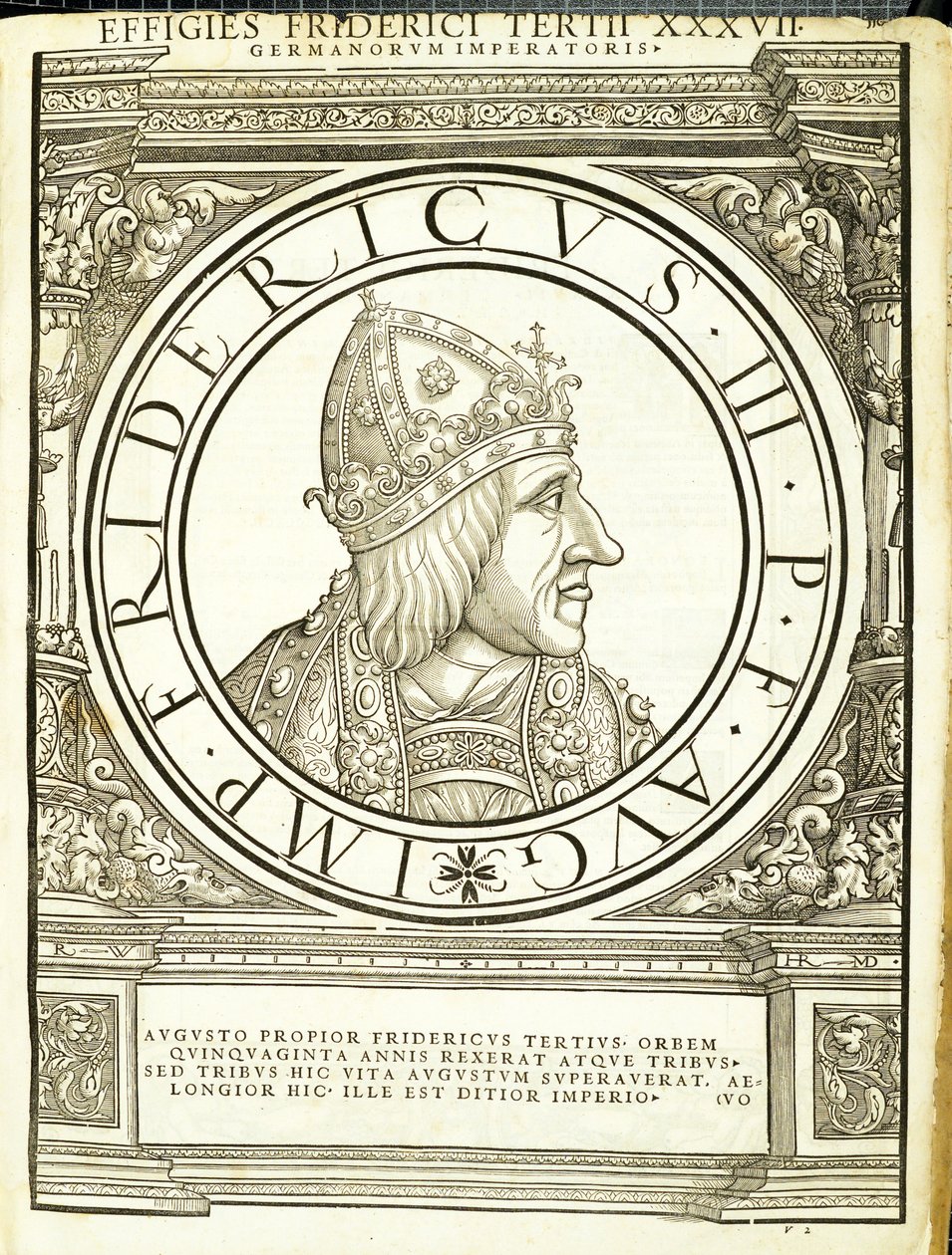 Friedrich III, illustrasjon fra de romerske keiserne i hele øst og vest, med de mest autentiske bildene av de gamle myntene, tresnitt av Rudolph Wyssenbach, trykt av Andreas Gesner, Zürich av Hans Rudolf Manuel Deutsch