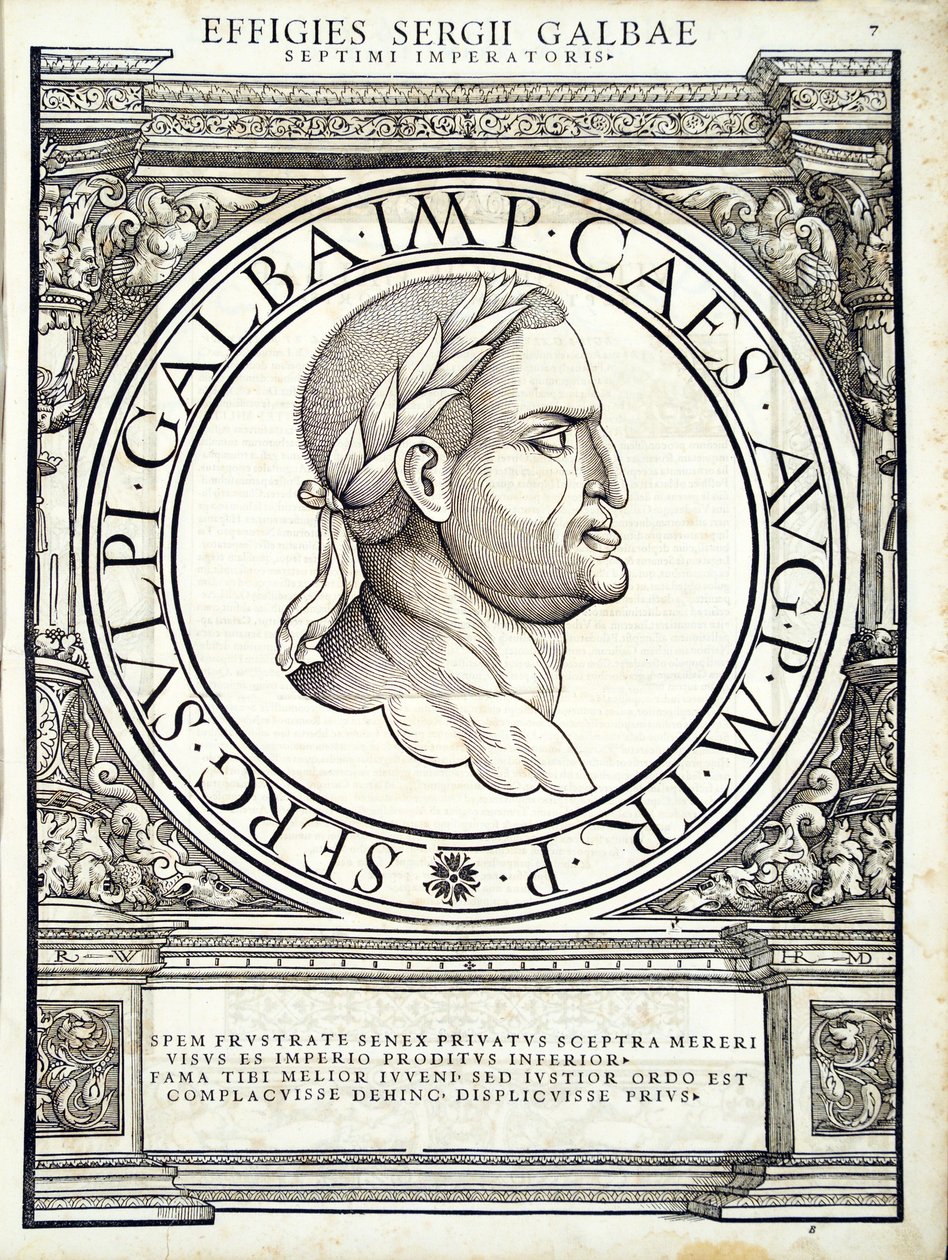 Galba, illustrasjon fra de mest autentiske bildene av de gamle romerske keiserne i øst og vest, tresnitt av Rudolph Wyssenbach, trykt av Andreas Gesner, Zürich, 1559 wo av Hans Rudolf Manuel Deutsch
