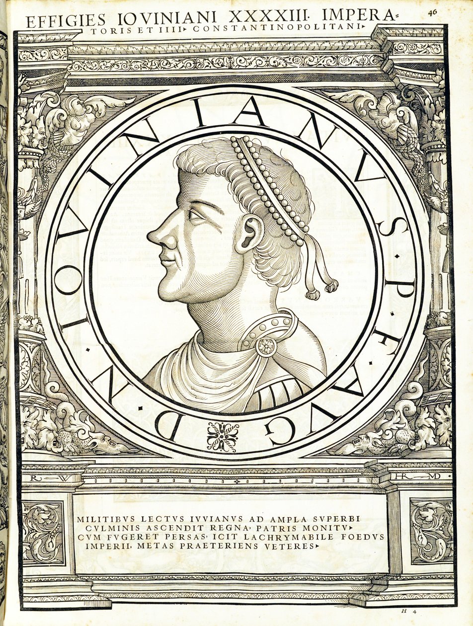 Iouinianus, illustrasjon fra de mest autentiske bildene av de gamle romerske keiserne i øst og vest, tresnitt av Rudolph Wyssenbach, trykt av Andreas Gesner, Zürich, 15 av Hans Rudolf Manuel Deutsch