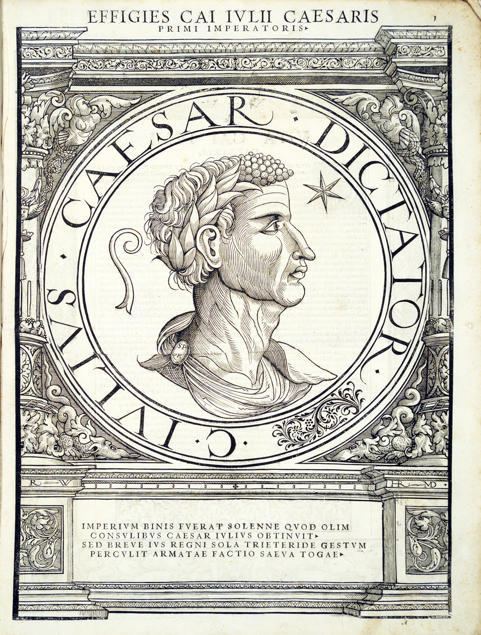 Julius Caesar, illustrasjon fra de mest autentiske bildene av de gamle romerske keiserne i øst og vest, tresnitt av Rudolph Wyssenbach, trykt av Andreas Gesner, Zürich, av Hans Rudolf Manuel Deutsch