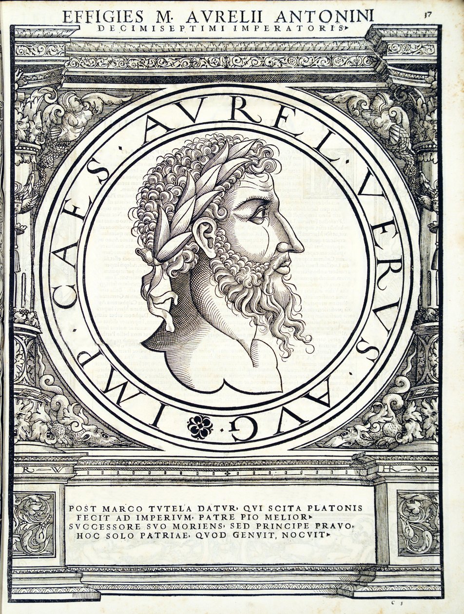 Lucius Verus, illustrasjon fra romerske keisere fra hele øst og vest, bilder av de eldste myntene, tresnitt av Rudolph Wyssenbach, trykt av Andreas Gesner, Zürich, av Hans Rudolf Manuel Deutsch