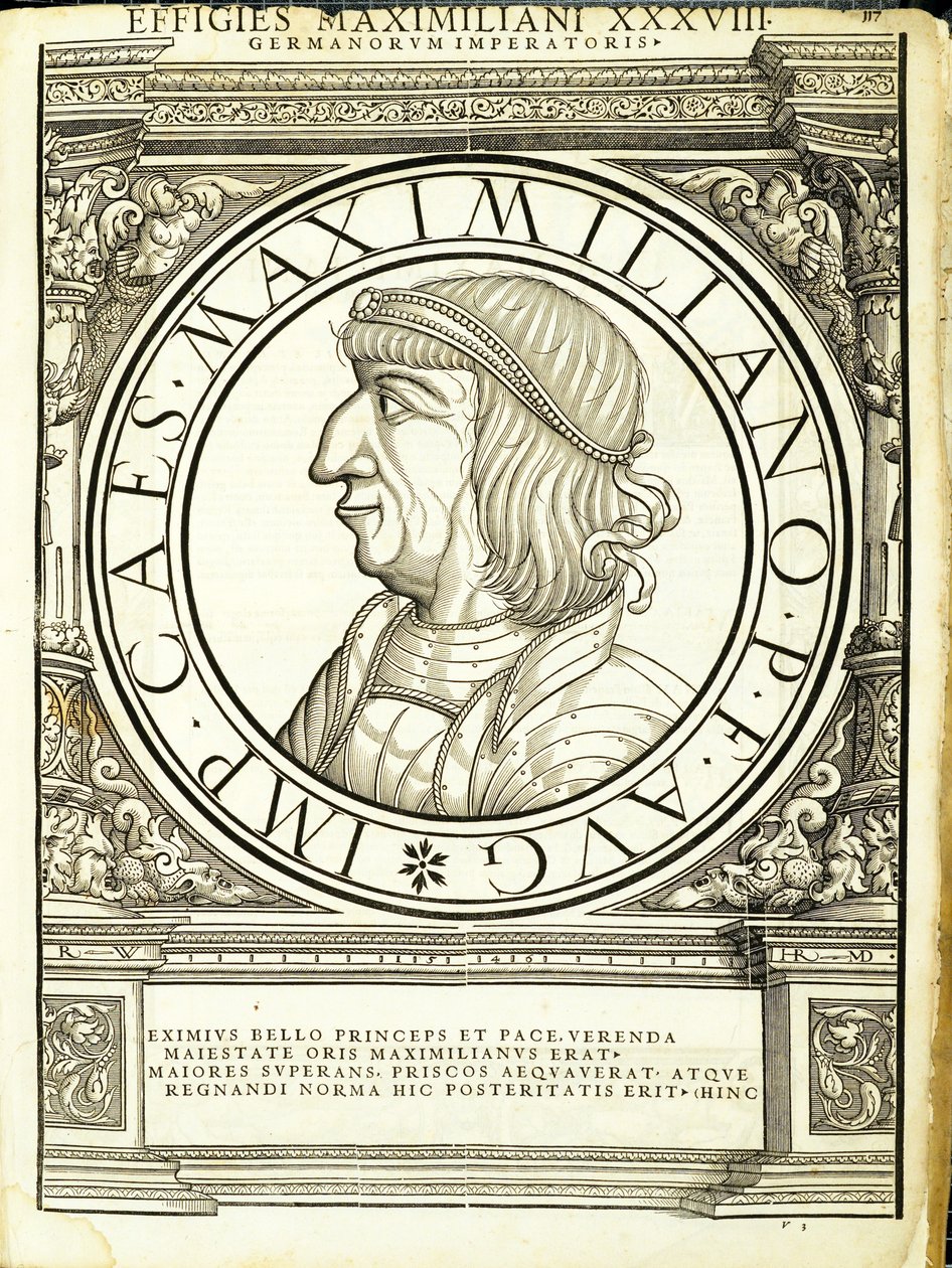 Maximilian, illustrasjon fra de mest autentiske bildene av de gamle romerske keisere i øst og vest, tresnitt av Rudolph Wyssenbach, trykt av Andreas Gesner, Zürich, av Hans Rudolf Manuel Deutsch