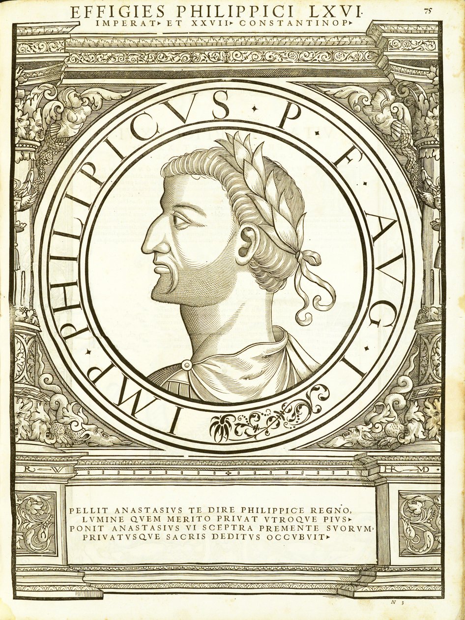 Philippicus, illustrasjon fra de romerske keiserne i hele øst og vest med de mest autentiske bildene av gamle mynter, tresnitt av Rudolph Wyssenbach, trykt av Andreas Gesner, Zürich, 1 av Hans Rudolf Manuel Deutsch