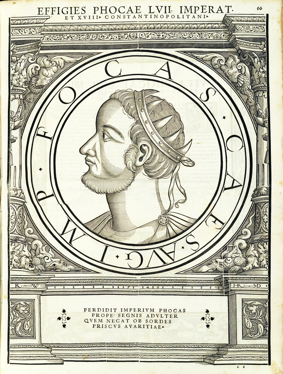 Phocas, illustrasjon fra de romerske keiserne i hele øst og vest med de mest autentiske bildene av de gamle myntene, tresnitt av Rudolph Wyssenbach, trykt av Andreas Gesner, Zürich, 1559 w av Hans Rudolf Manuel Deutsch