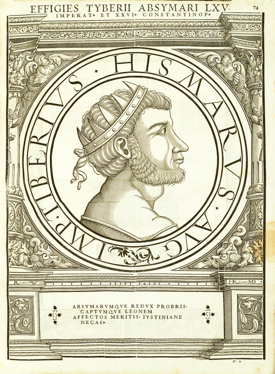 Tiberius Absymarus, illustrasjon fra de romerske keiserne i hele øst og vest med de mest autentiske bildene av de gamle myntene, tresnitt av Rudolph Wyssenbach, trykt av Andreas Gesner, Zu av Hans Rudolf Manuel Deutsch