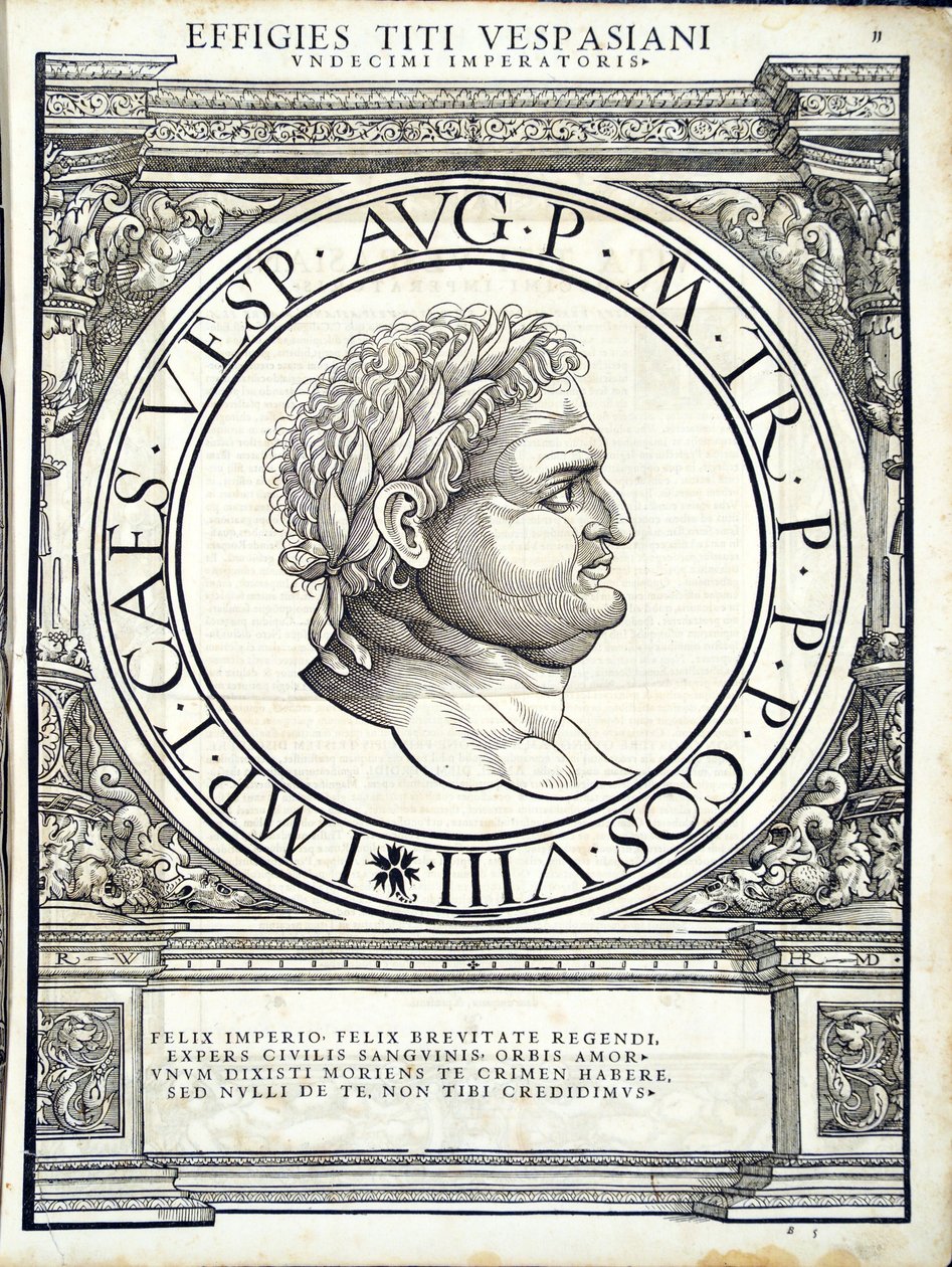 Titus Vespasianus, illustrasjon fra de romerske keiserne i hele øst og vest med de mest autentiske bildene av gamle mynter, tresnitt av Rudolph Wyssenbach, trykt av Andreas Gesner, Zur av Hans Rudolf Manuel Deutsch