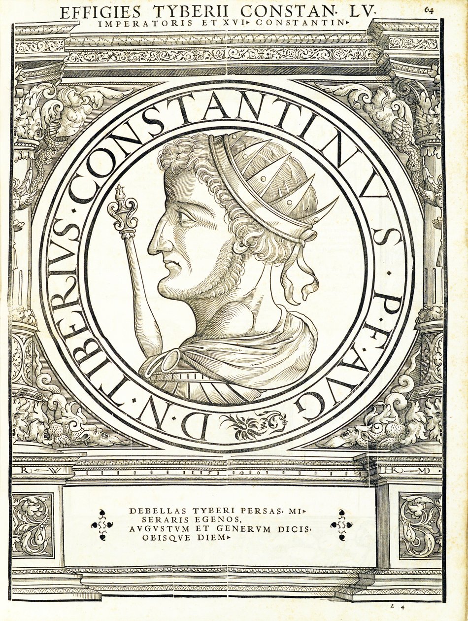 Tyberius Constantinus, illustrasjon fra de romerske keiserne i hele øst og vest, bilder av de eldste myntene, tresnitt av Rudolph Wyssenbach, trykt av Andreas Gesner, av Hans Rudolf Manuel Deutsch