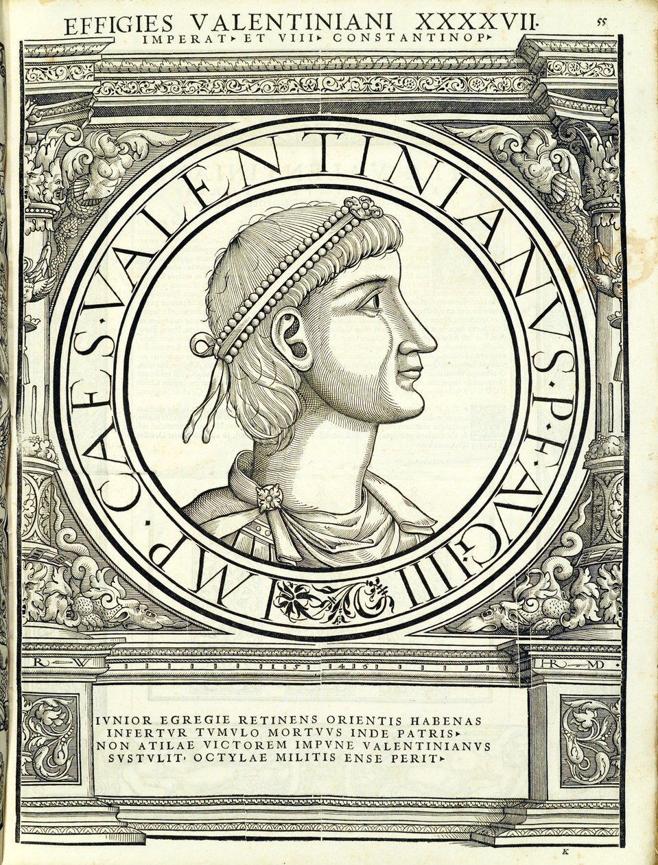 Valentinian III, illustrasjon fra de mest autentiske bildene av de gamle romerske keiserne i øst og vest, tresnitt av Rudolph Wyssenbach, trykt av Andreas Gesner, Zur av Hans Rudolf Manuel Deutsch