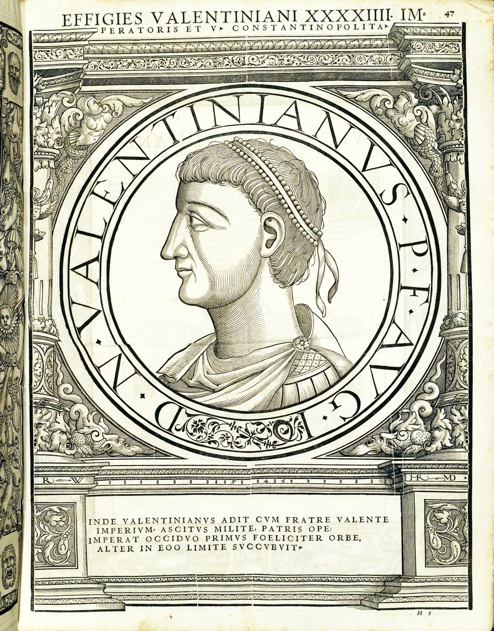 Valentinianus, illustrasjon fra de mest autentiske bildene av de gamle romerske keisere i øst og vest, tresnitt av Rudolph Wyssenbach, trykt av Andreas Gesner, Zürich, av Hans Rudolf Manuel Deutsch