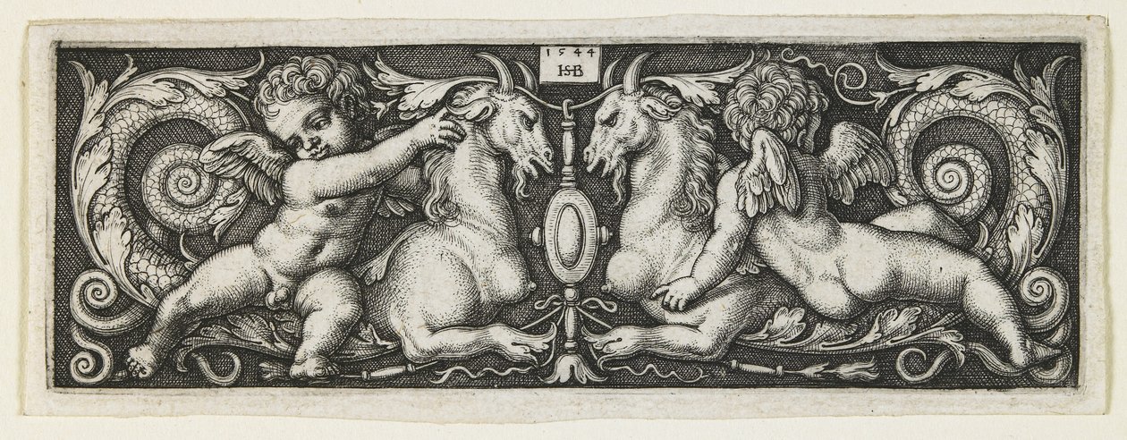 Ornament med to Genii som rir på to kimærer, 1544 av Hans Sebald Beham