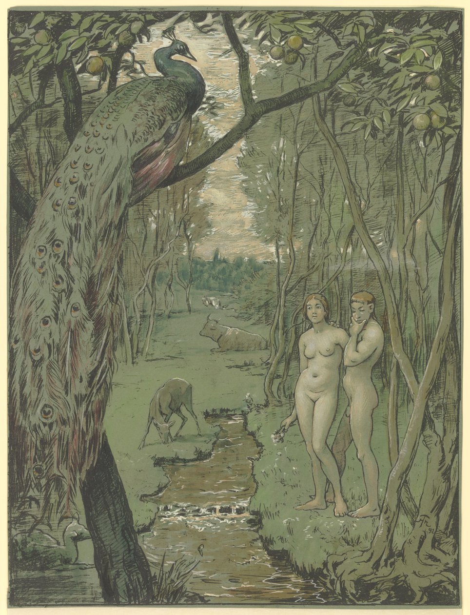 Paradis med påfugl av Hans Thoma