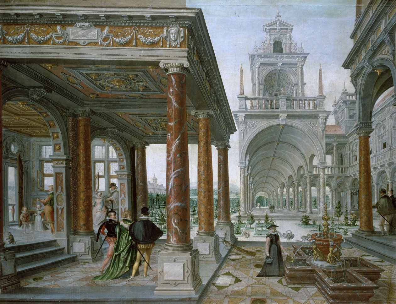 Capriccio av palassarkitektur med Figures Promenading, 1596 av Hans or Jan Vredeman de Vries