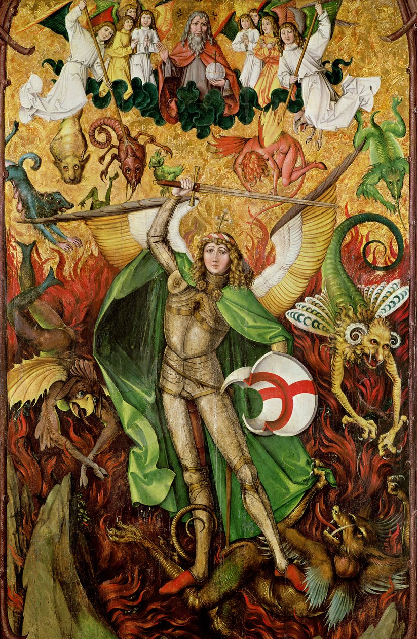 Erkeengelen Saint Michael i kamp med Lucifer, ca. 1490-1505 (olje på tre) av Hans Leu